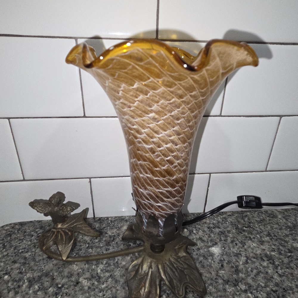 Amber Glass Tulip Table Lamp with Bronze Leaf Base - Picture 2 of 7